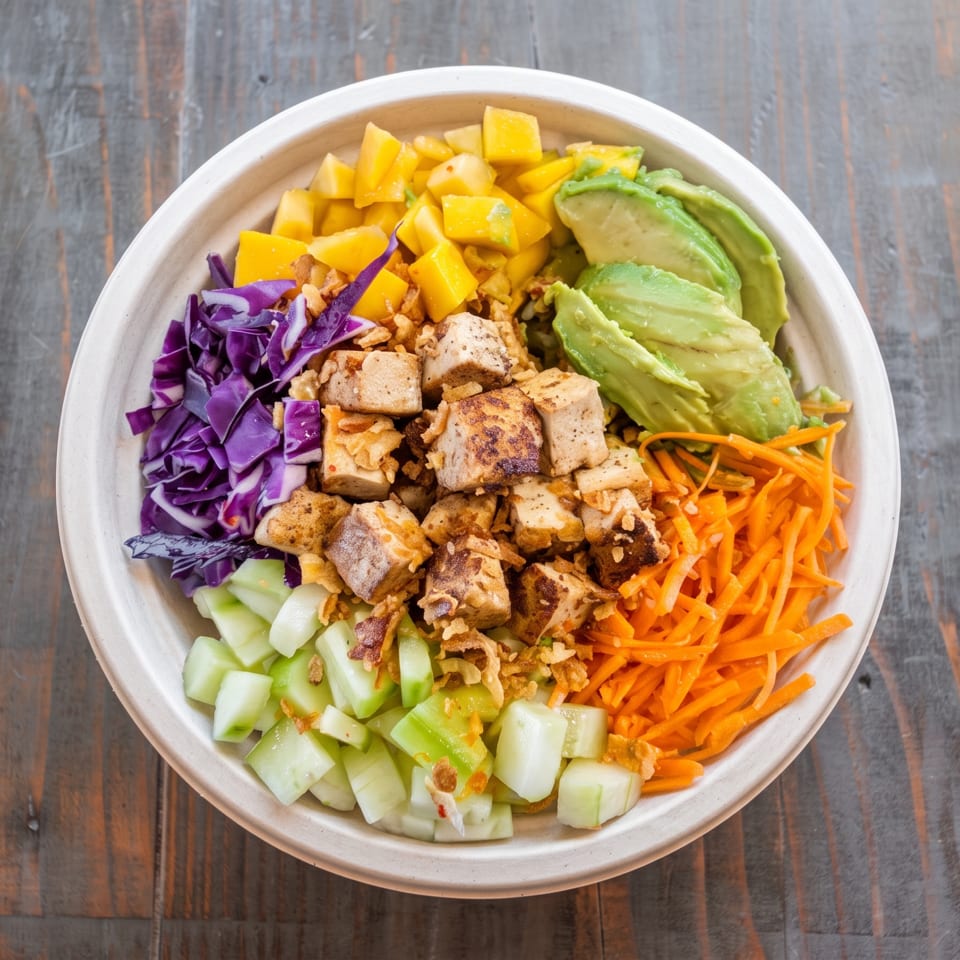 Colorful grain bowl topped with grilled tofu, avocado, mango, purple cabbage, carrots, and cucumber on a rustic wooden table.