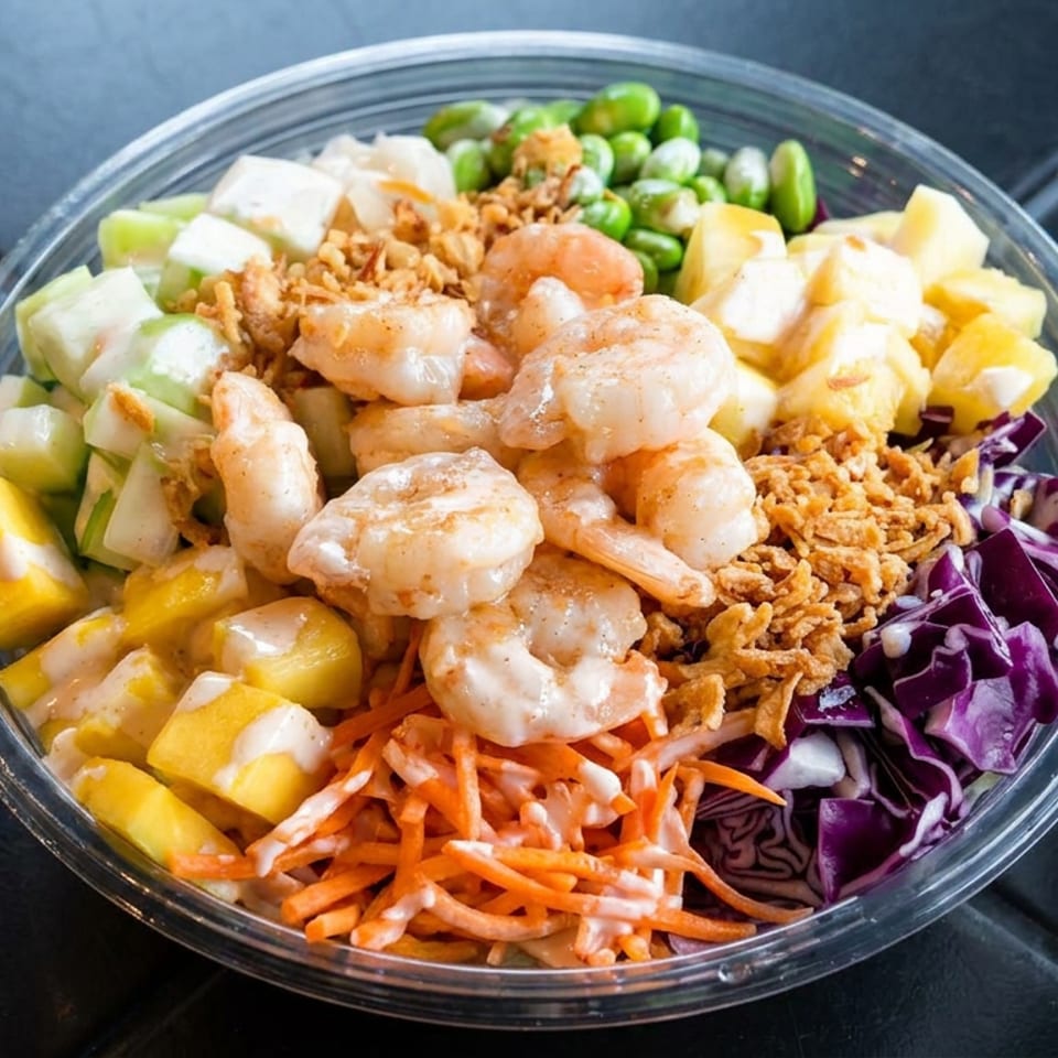 Colorful salad bowl topped with shrimp, mango, edamame, cucumber, carrots, red cabbage, crispy onions, and creamy dressing.