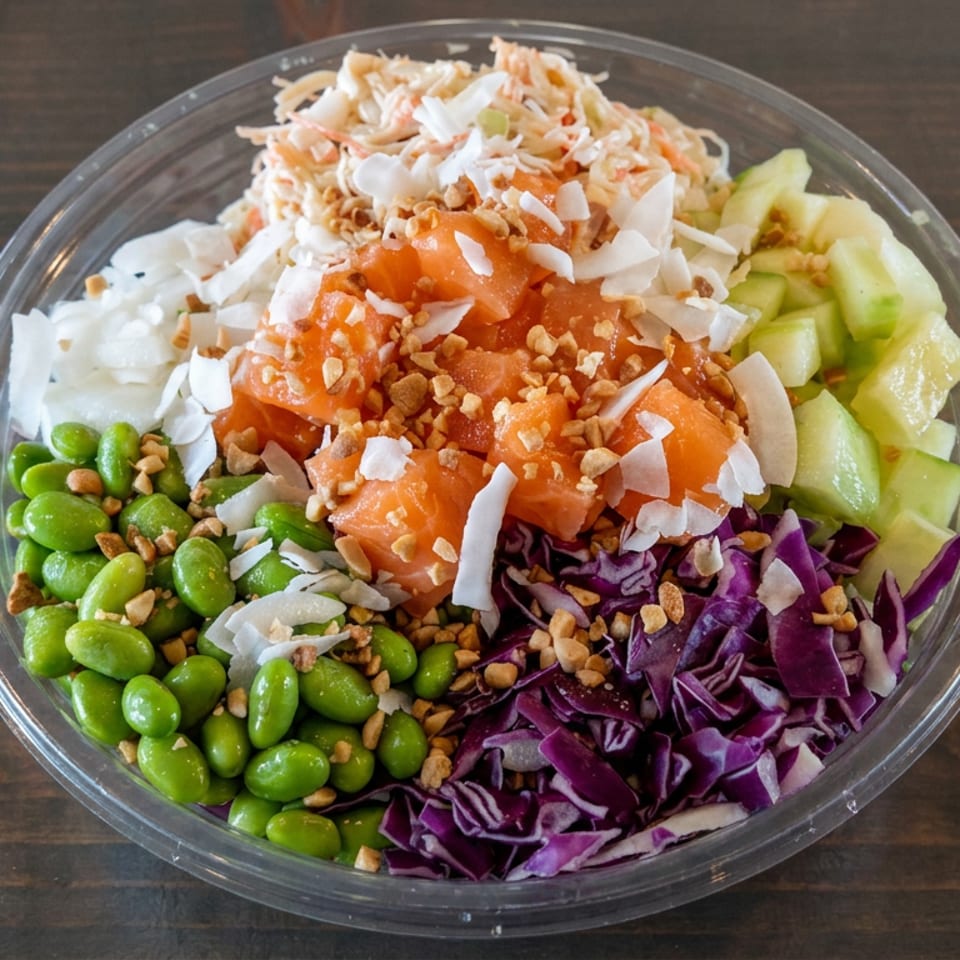 Colorful salad bowl with salmon, edamame, cucumber, purple cabbage, shredded coconut, and crunchy toppings on a wooden table.