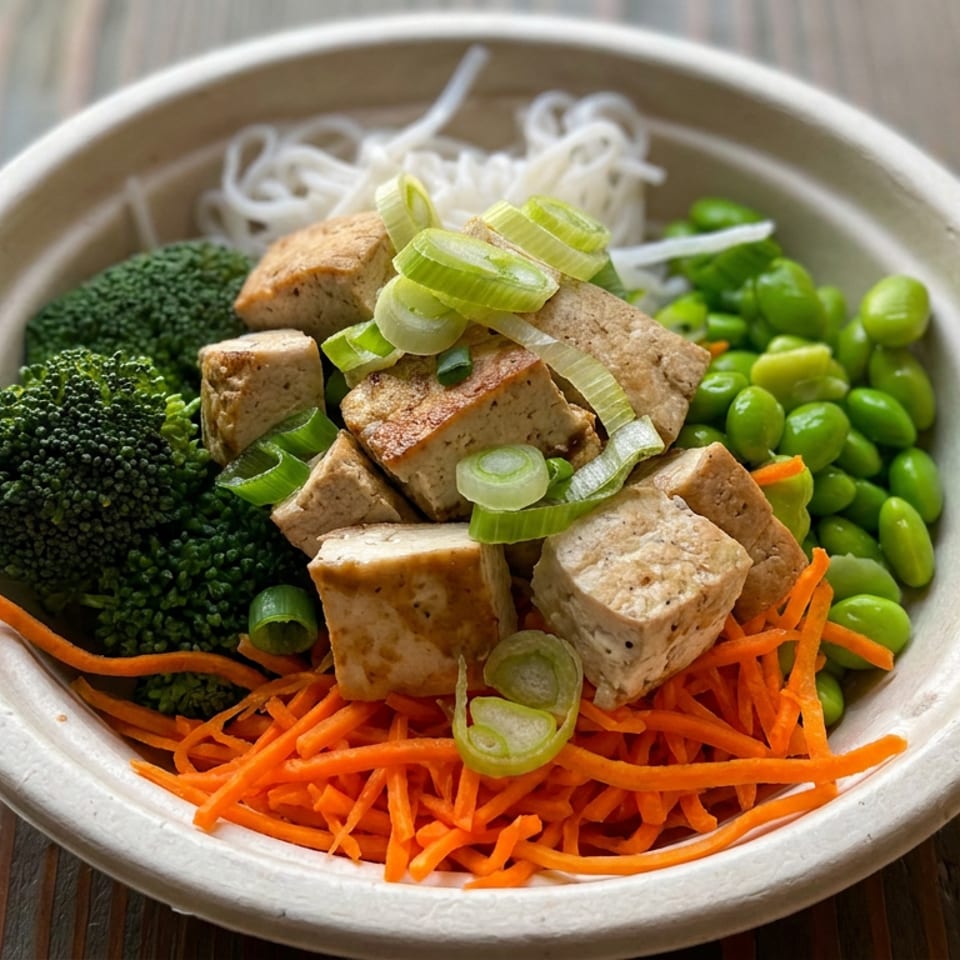 Bowl of tofu, broccoli, edamame, shredded carrots, noodles, and scallions on a rustic wooden table.