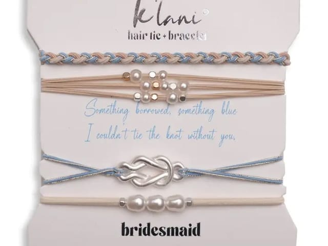 "Bridesmaid" Cream and Blue with Pearl Accent Hair Tie Bracelets.