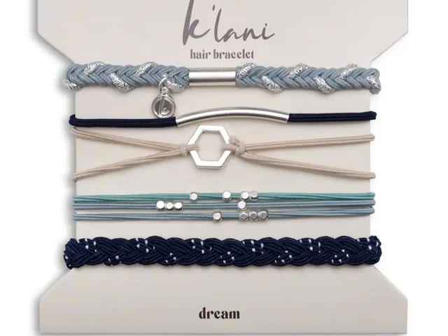 "Dream" Silver Hexagon Charm Blue Hair Tie Bracelets.